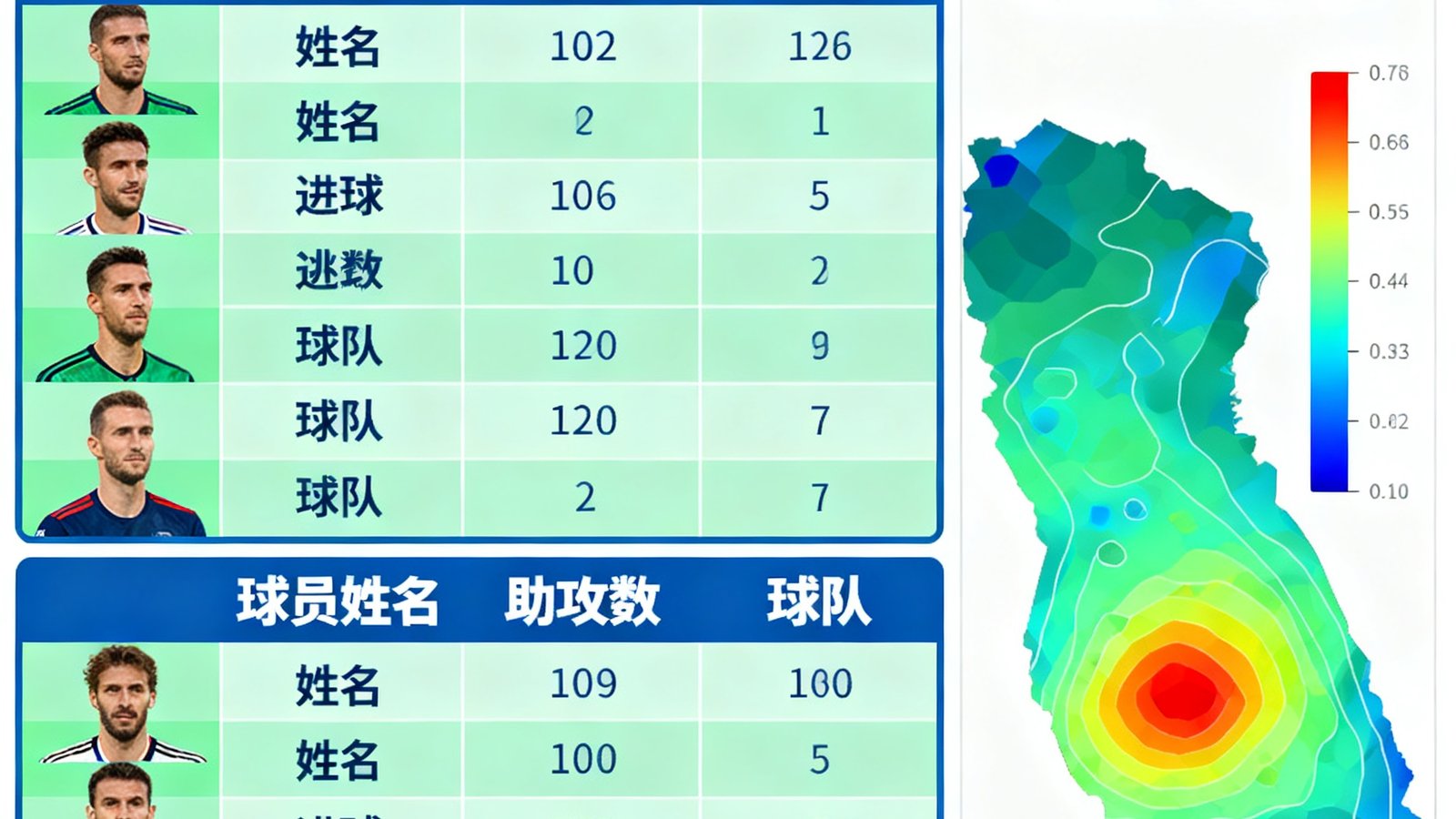世界杯球员数据榜，展示射手榜与助攻榜及热力图分析