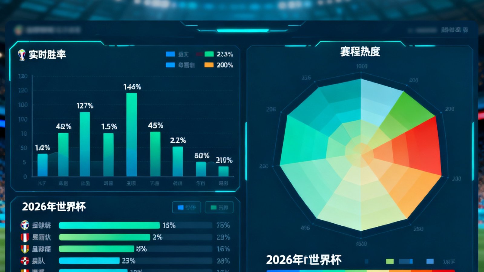 世界杯预测分析网数据仪表盘，展示实时胜率与赛程热度